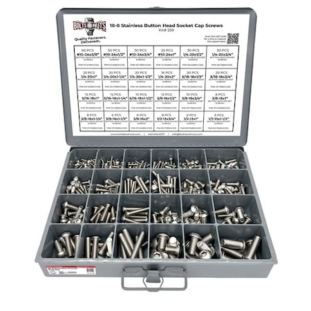Boltsandnuts.Com Inch 18-8 Stainless Steel Allen Button Head Socket Cap Screws Bolts Assortment - 453 PCS Assortment Kit #259